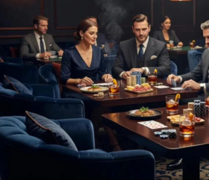 After dark poker lounge with warm lighting and hosted card tables