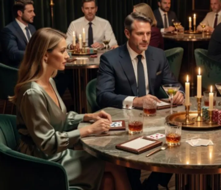 After dark poker lounge with candlelight, brushed copper details and linen-covered tables.