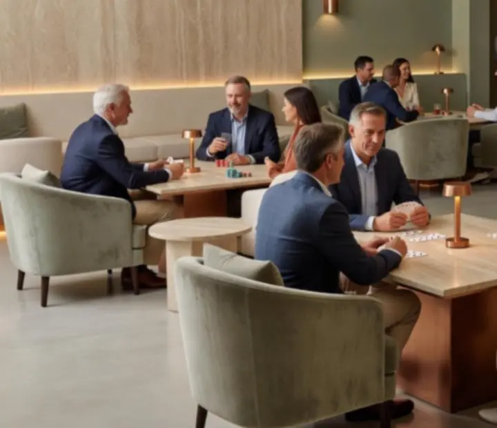 Warm porcelain and copper-accented card lounge with natural light, poker tables, and relaxed seating.