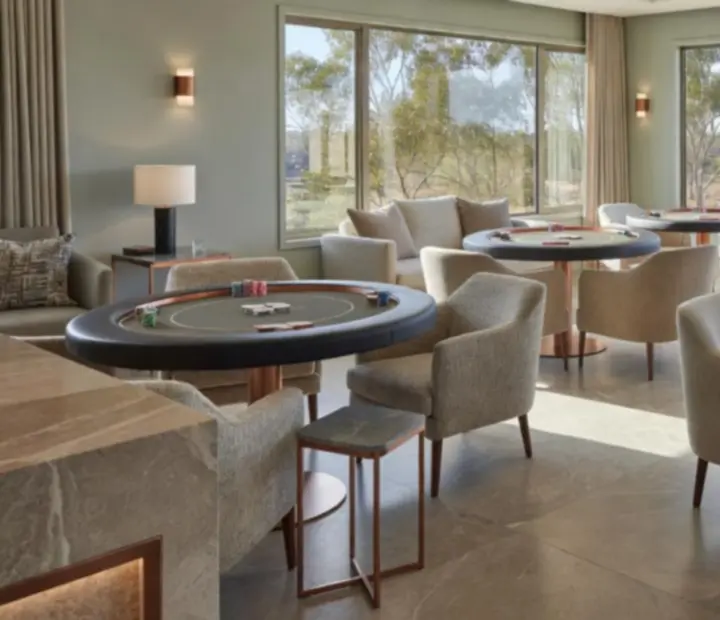 Bright Australian restaurant and dedicated card room with poker tables and lounge seating