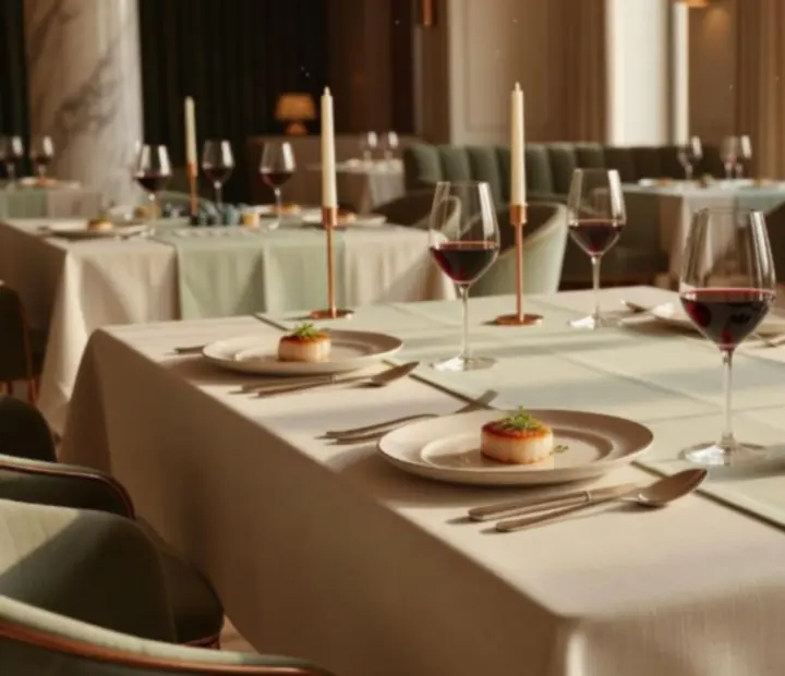 Chef-crafted dining plates set alongside refined poker tables