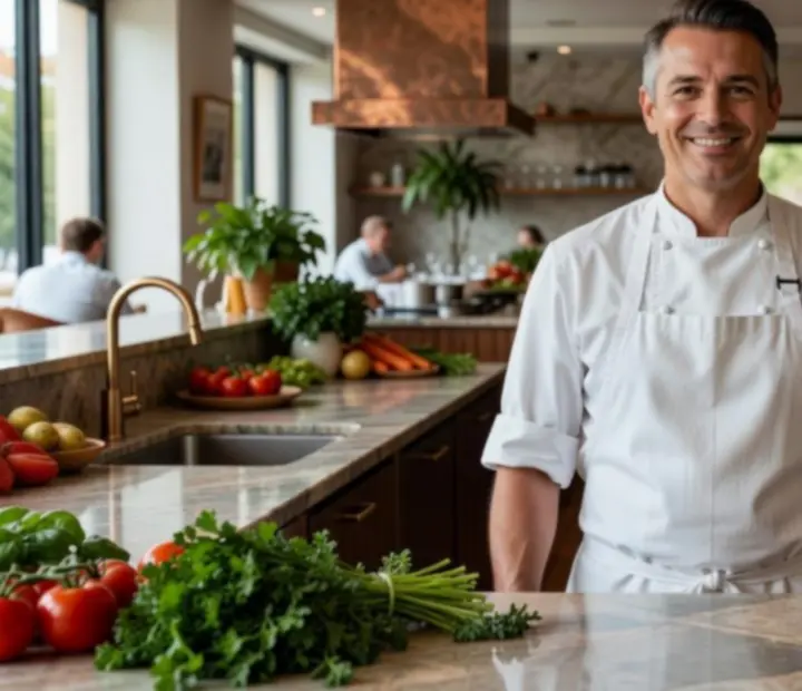 Head chef standing in a refined Australian restaurant kitchen.