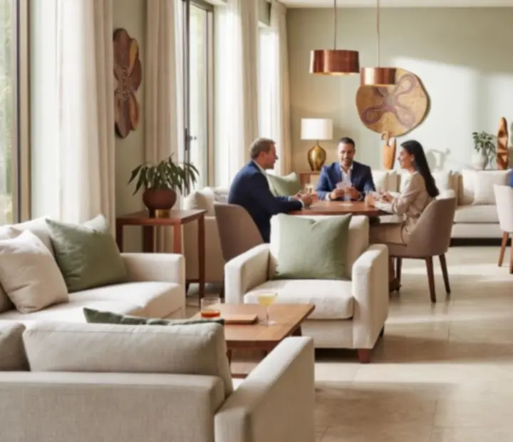 Lounge interior with soft seating, stone surfaces and poker-ready tables.