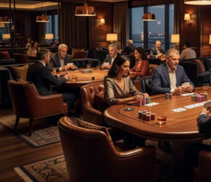Offline poker lounge with elegant tables, cards and lounge seating