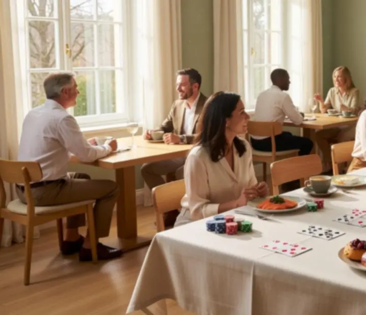 Weekend brunch setting in a card room with gourmet dishes and playing cards
