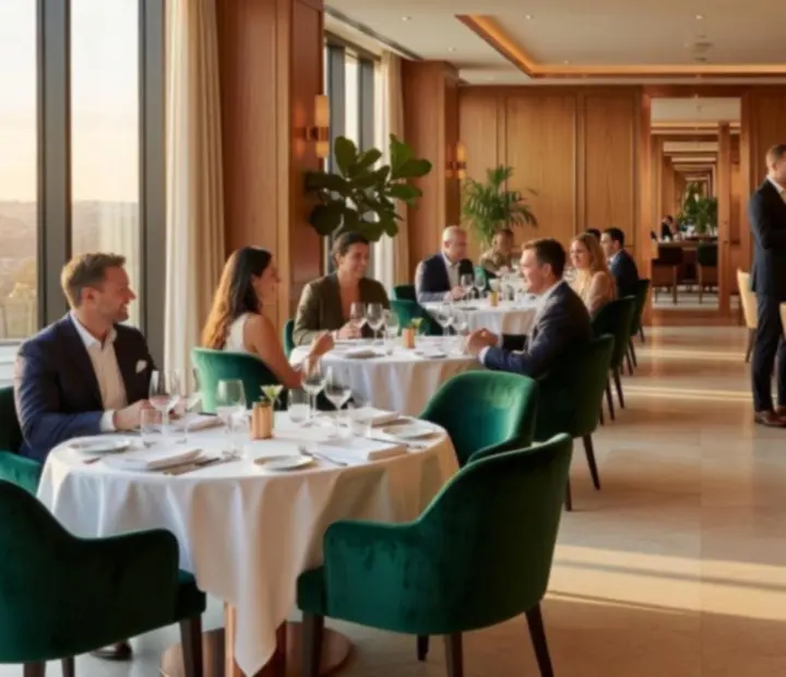 Elegant Australian restaurant interior with poker tables, cards and refined table settings