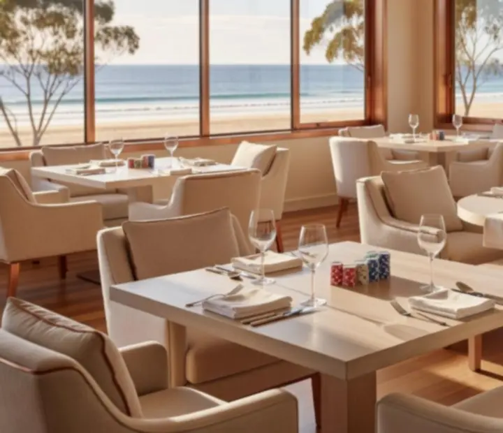 Sunlit Australian poker lounge with restaurant tables, poker tables, cards, chips, and linen-dressed seating.