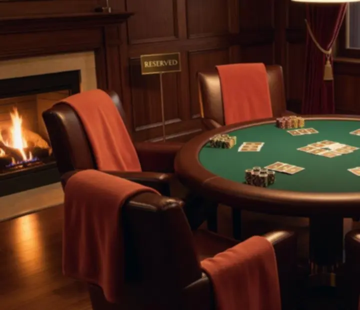 Private poker table set with cards, chips and premium glassware in a lounge setting.