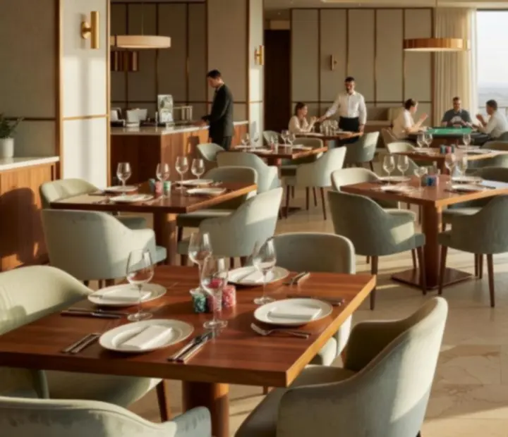Restaurant and poker lounge interior with refined table settings and card tables