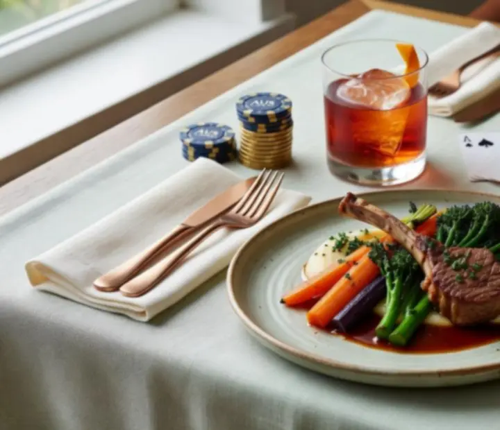 Australian restaurant dishes and signature drinks arranged beside a poker table setting.