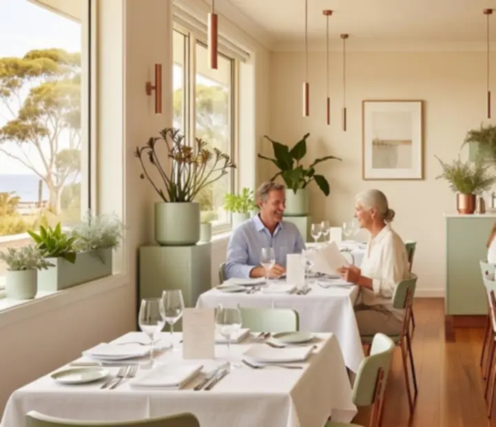 Signature dining room with modern Australian dishes and pale stone textures