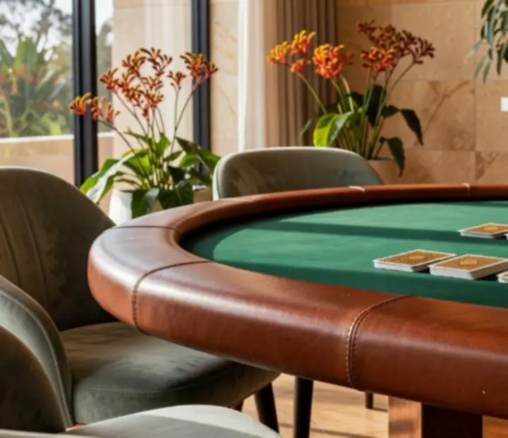 Premium poker table with cards, chips and soft Australian lounge lighting
