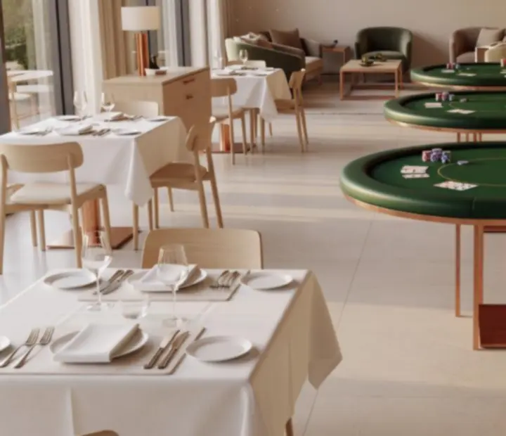 Sunlit Australian restaurant interior with poker tables, classic cards, chips and linen-dressed dining tables.